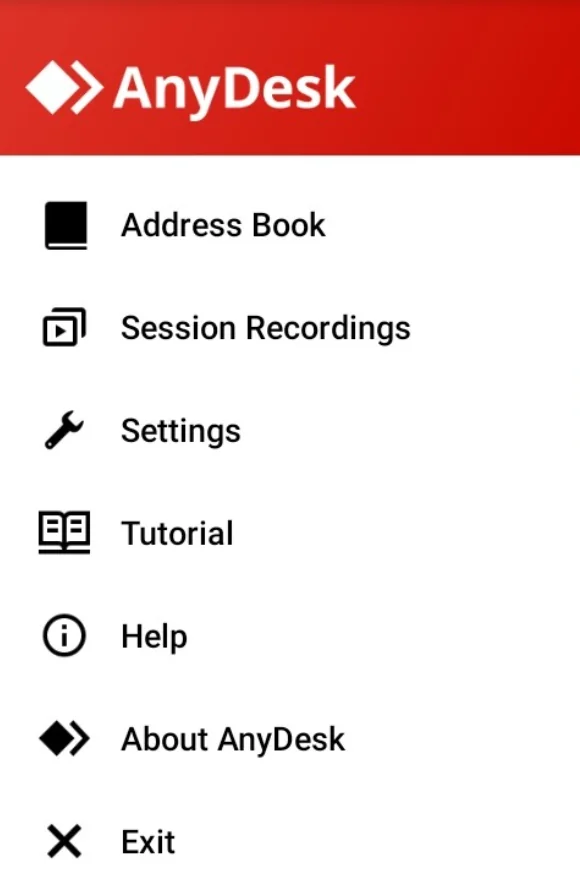 Menu de AnyDesk en Android
