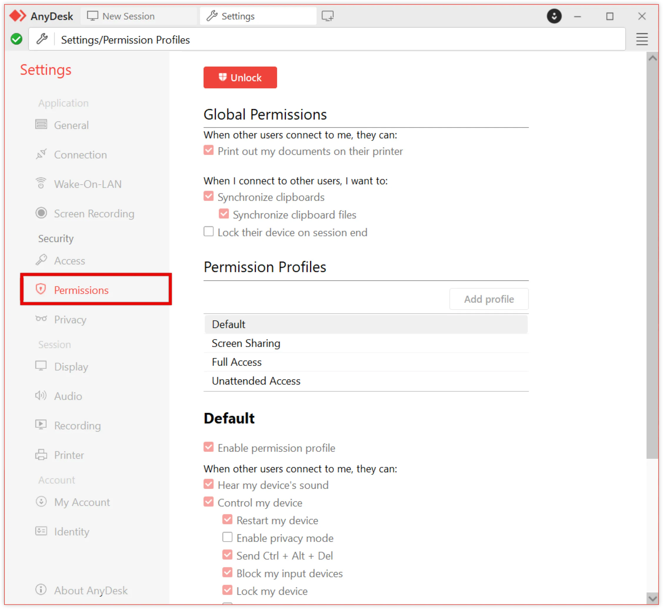 AnyDesk settings showing permissions for remote access and control options.