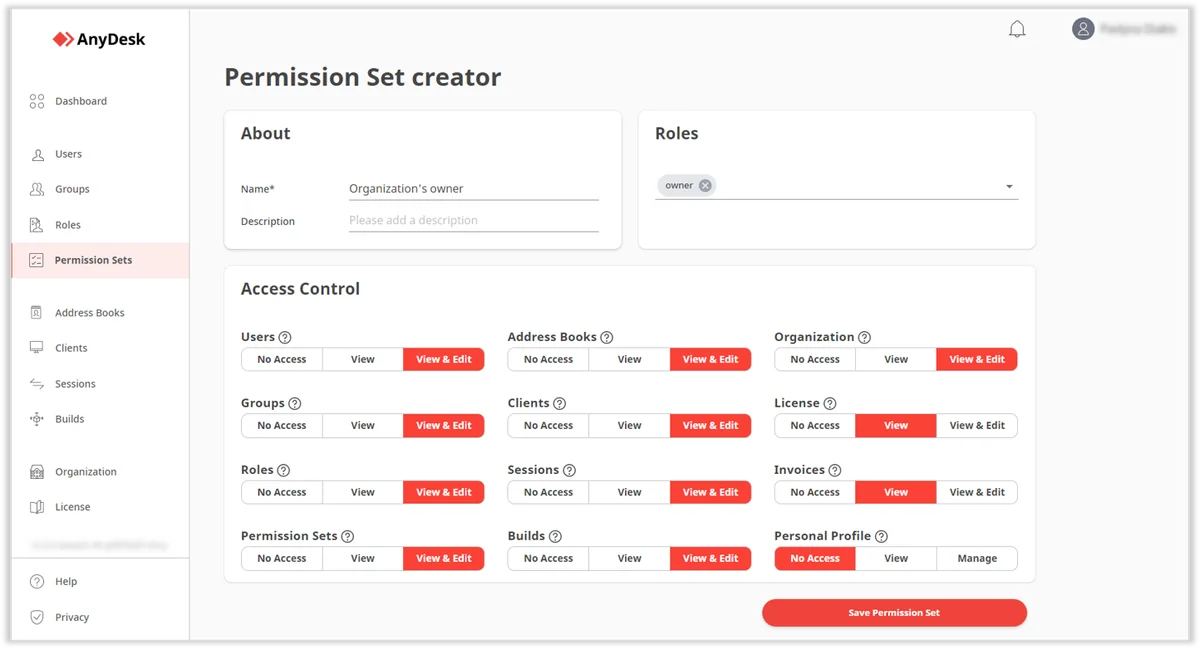 Creador de conjuntos de permisos en my.anydesk II con control de acceso por sección
