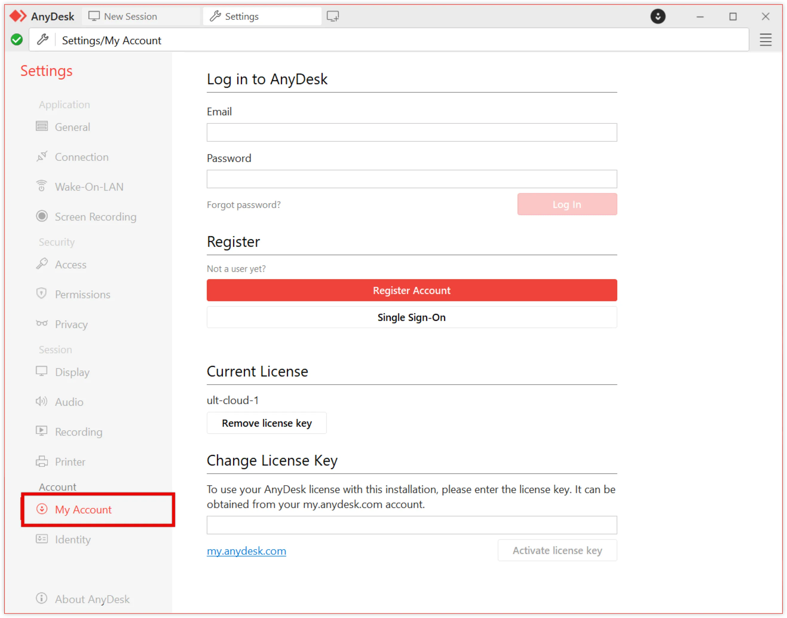 AnyDesk settings page showing login and account registration options for users.