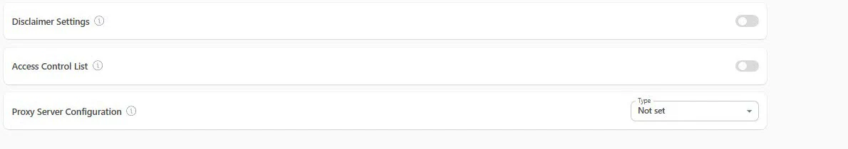 Disclaimer, Access Control List y Proxy Server Configuration