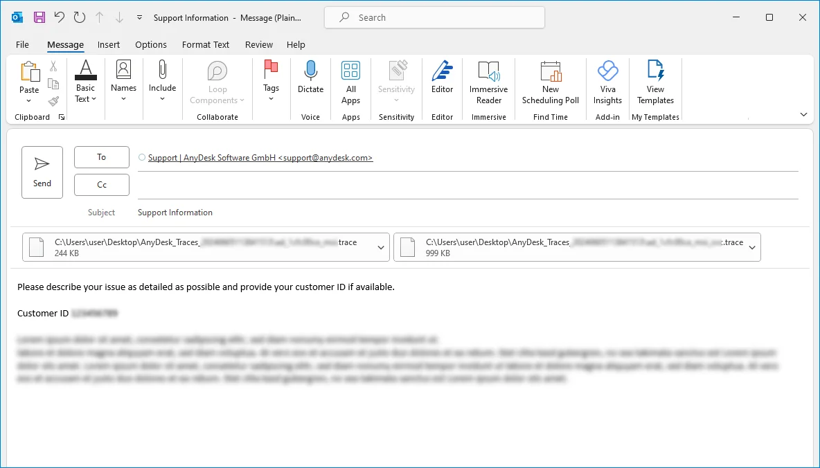 E-mail de suporte técnico com arquivos de log anexados - exemplo de dossiê para escalar um caso