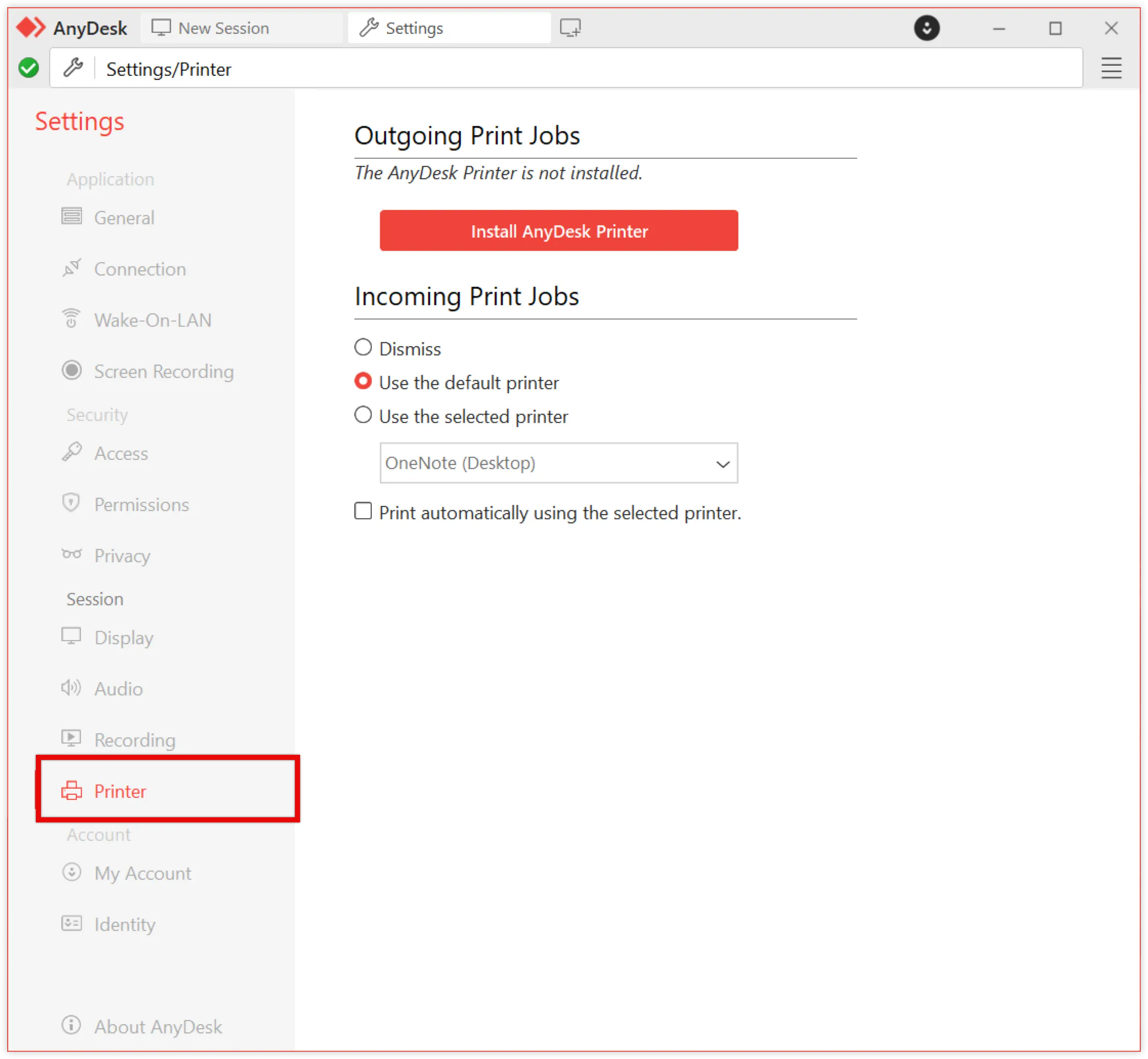 Settings menu showing printer options and installation prompt for AnyDesk Printer.