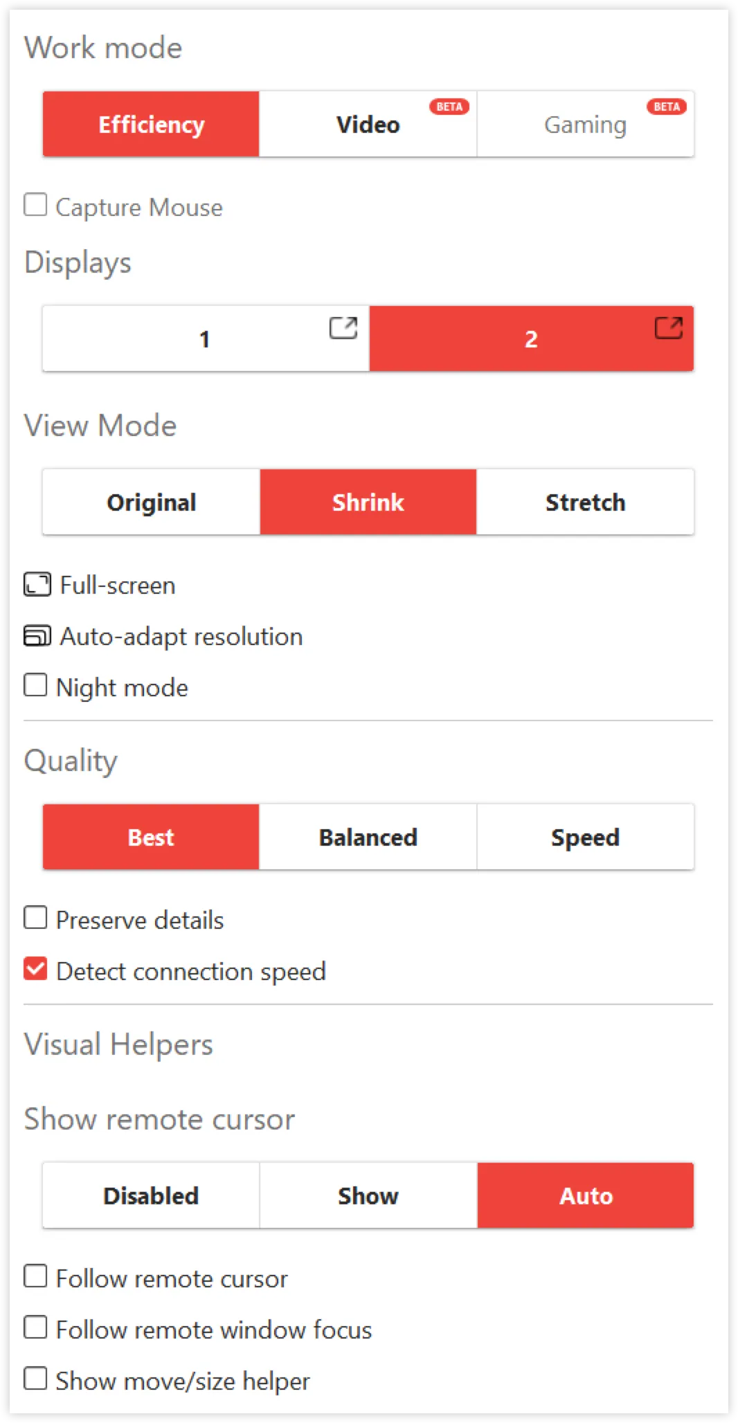 Settings interface showing work modes, display options, and quality settings for video streaming.