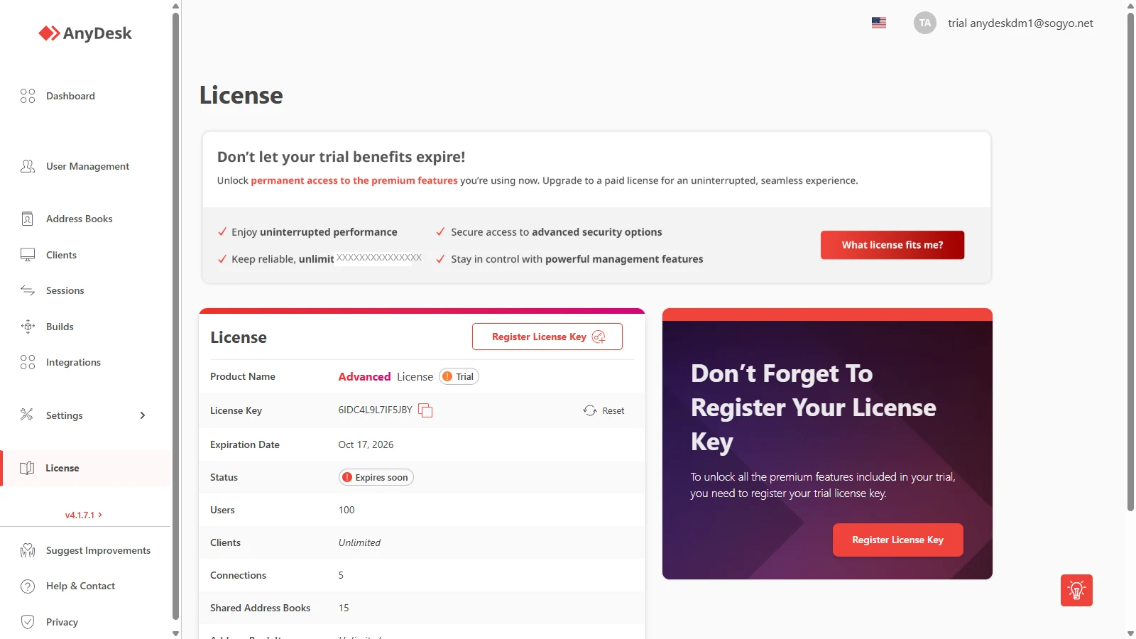Sección License de my.anydesk.com
