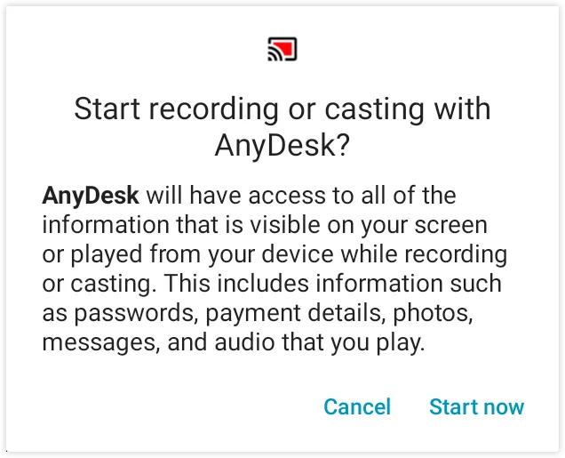 Mensaje de permiso para iniciar grabacion o transmision con AnyDesk