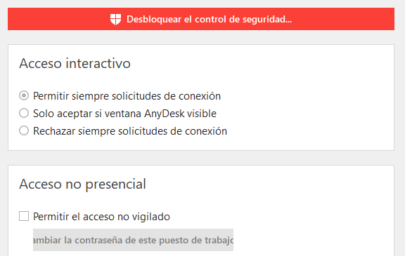 Imagen de la sección “Seguridad” en la configuración de AnyDesk