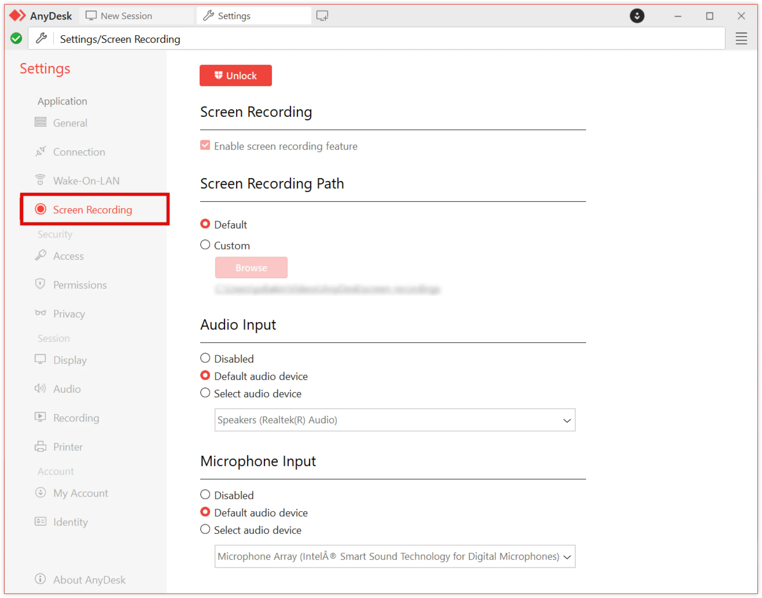 Settings menu showing screen recording options and audio input selections in AnyDesk application.