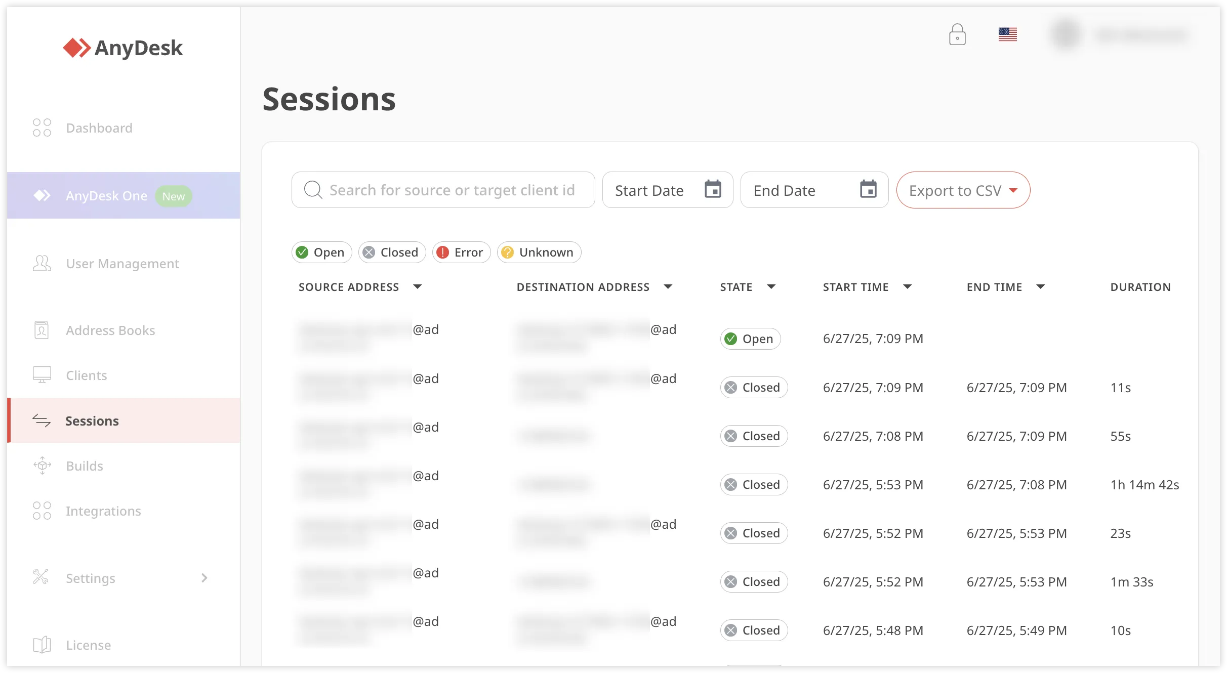 AnyDesk sessions overview showing open and closed session statuses with timestamps.
