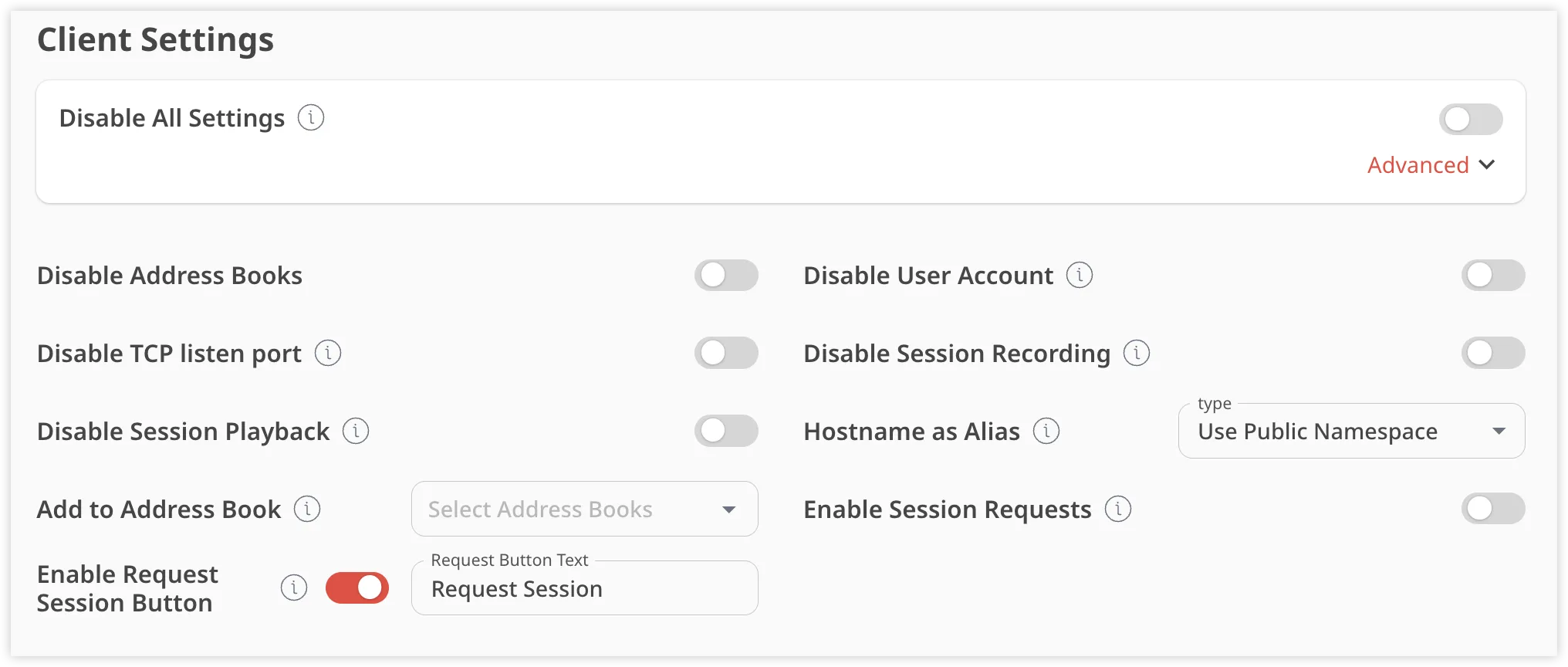 Client settings interface displaying various options for managing user and session settings.