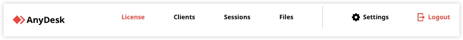 AnyDesk interface showing License, Clients, Sessions, Files, Settings, and Logout options.
