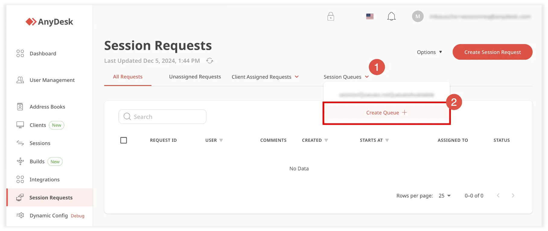 AnyDesk interface showing session requests and options to create a queue.