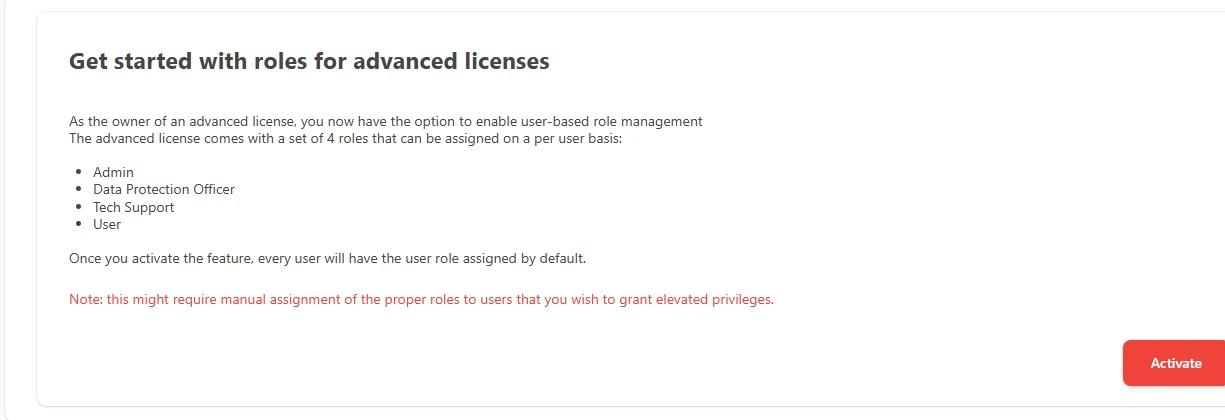 Pestaña Roles con los cuatro roles y el botón Activate
