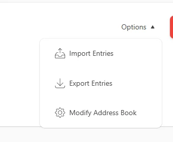 Menú Options: Import, Export y Modify
