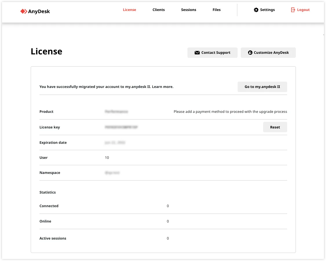Informacion de licencia de AnyDesk con detalles de producto y fecha de expiracion