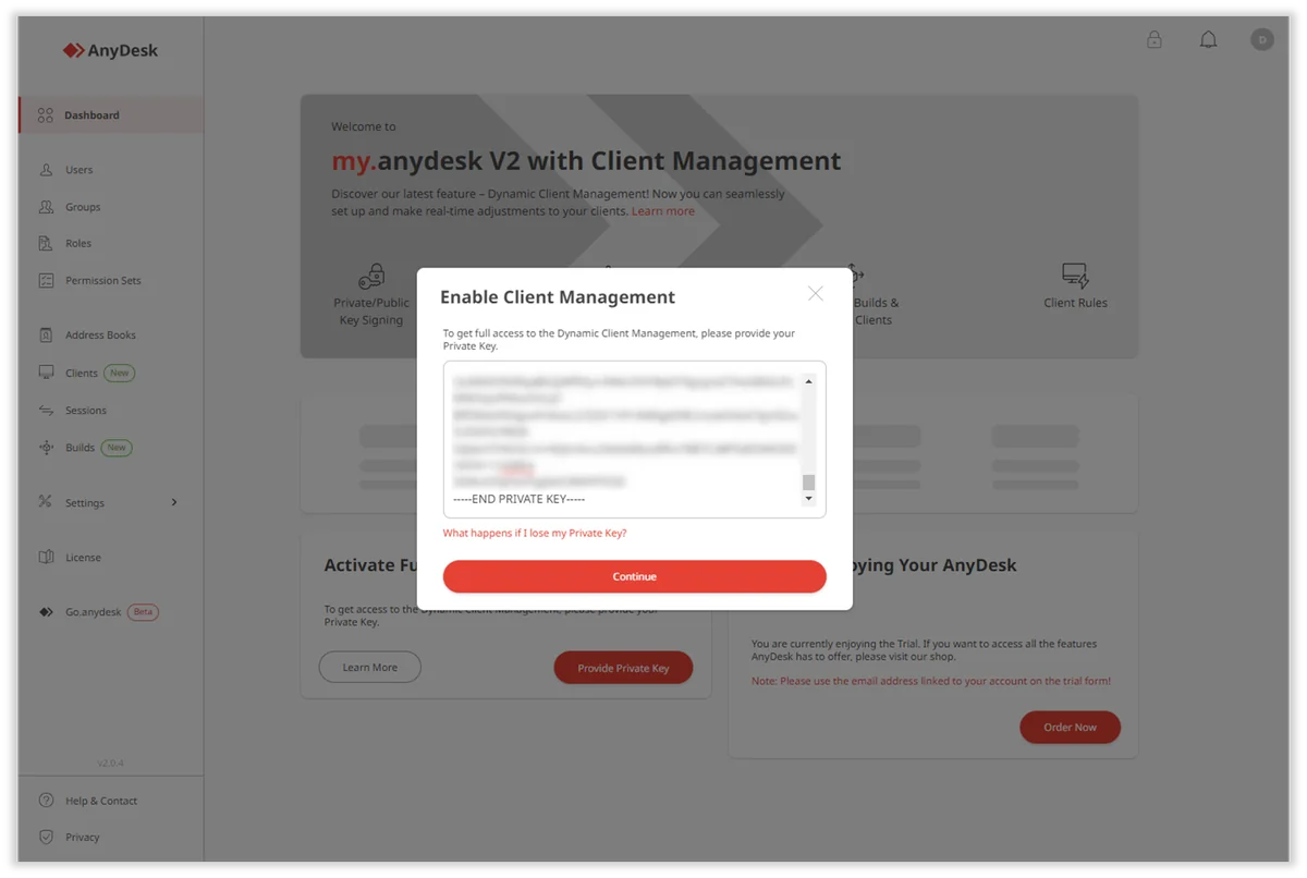 Diálogo de my.anydesk II solicitando la clave privada para habilitar la gestión de clientes