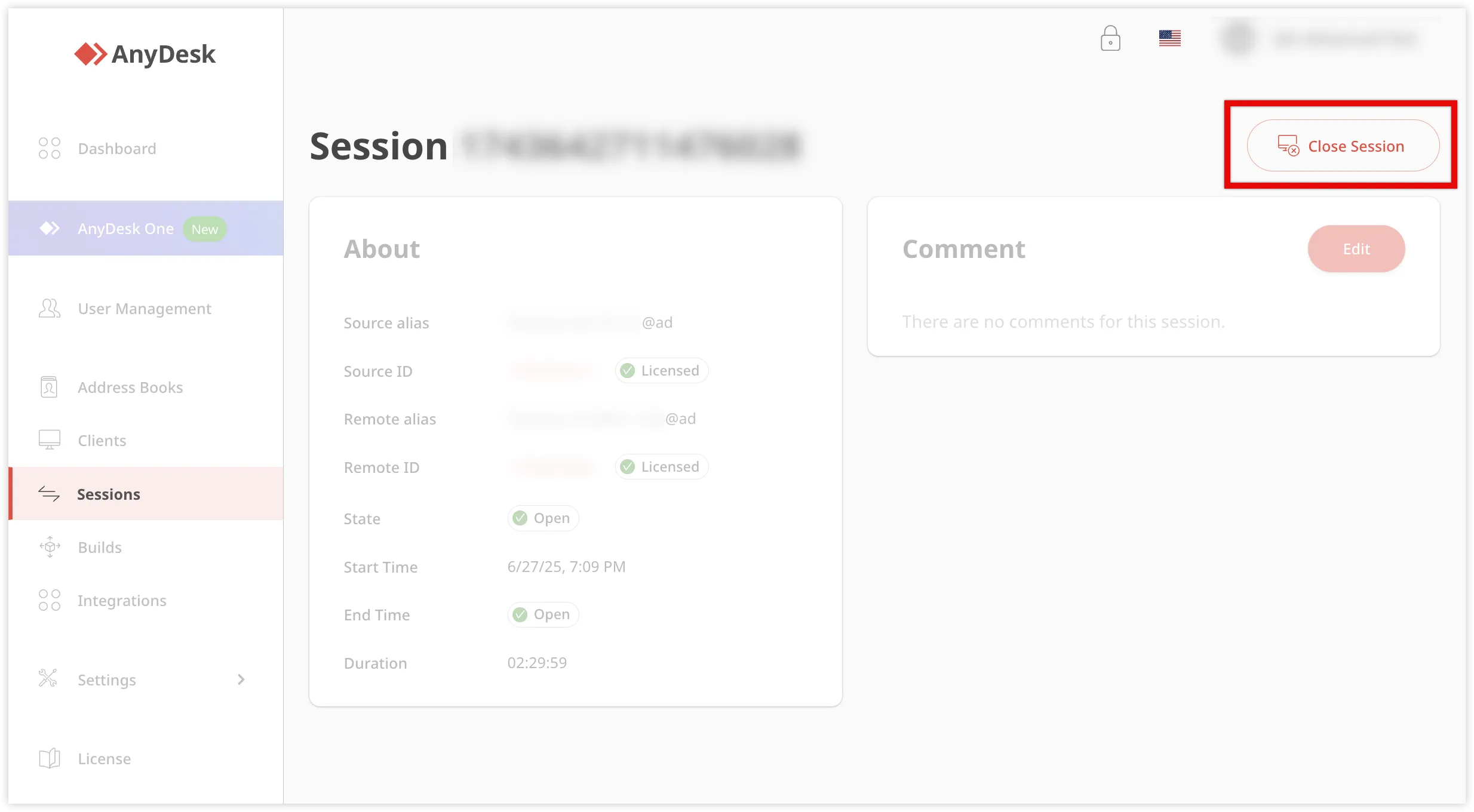 AnyDesk session details with options to close the session.
