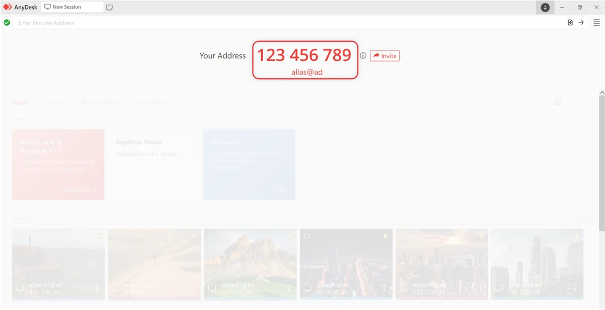 Campo de dirección remota con AnyDesk ID visible